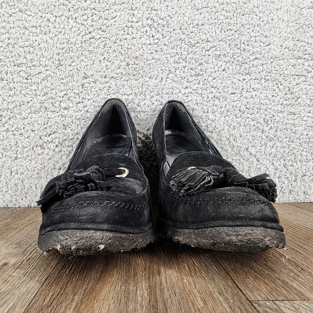 Stuart Weitzman‎ 7.5 Black Suede Tassel Wedge Loafers Classic Comfortable - Picture 2 of 13